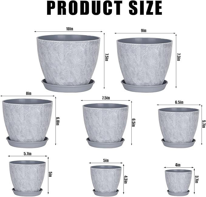 Set of 8 Plastic Planter, 10/9/8/7.5/6.5/5.7/5/4inch Plastic Planter, Flower Pot Indoor Decorative Large Plant Pot, Plant Pots Indoor with Drainage and Saucer for All House Plants (Set of 8)