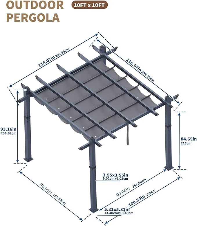 Garvee 10x10 Ft Outdoor Pergola Metal Gazebo with Retractable Canopy for Patio Backyard Deck Porch Grape Trellis(Gray)