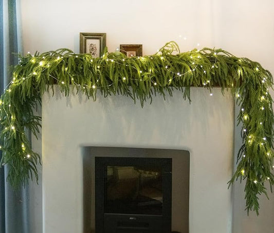 MISSPIN 9ft Christmas Garland with Lights, Real Touch Norfolk Pine Garland, Green Artificial Greenery Garland for Table, Mantle, Wall, Indoor, Outdoor Christmas Decorations