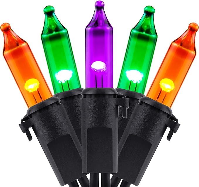 YULETIME 100 Count Orange Green Purple Christmas Lights, 33 Feet Black Wire UL Certified Incandescent-Like LED Mini String Lights