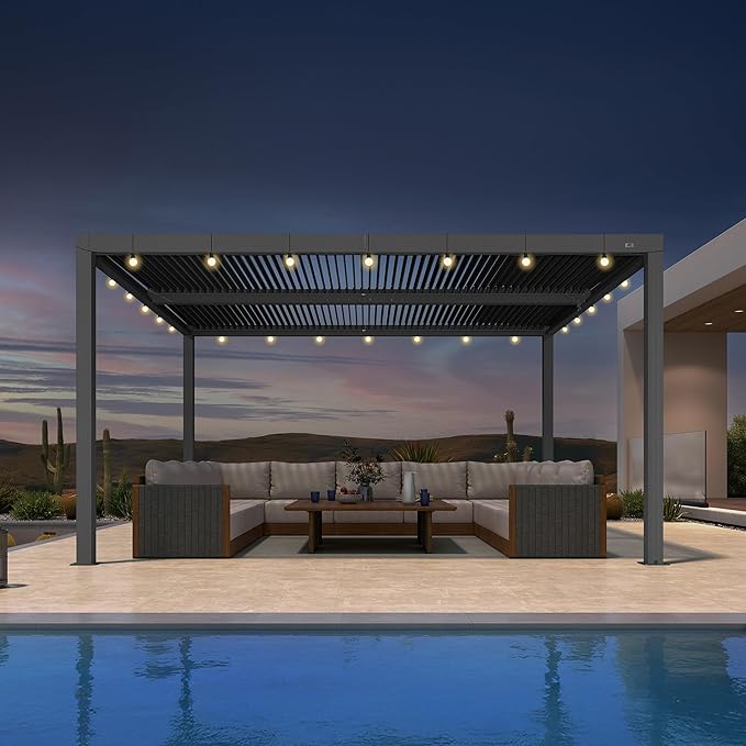 PURPLE LEAF Louvered Pergola 12' x 14' Outdoor Retractable Modern Hardtop Full Aluminum Pergola with Adjustable Rainproof Roof and 24 White LED String Lights for Patio Deck Backyard Slate Grey