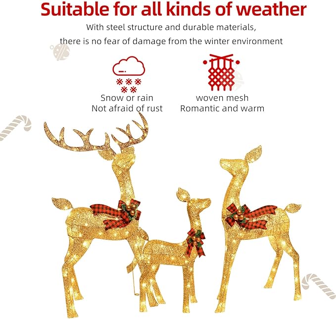 3-Piece Large Deer Family - HOYECHI Lighted Christmas 3D Reindeer Outdoor Yard Decoration Set w/ 210 LED Lights, Stakes, Zip Ties - Gold