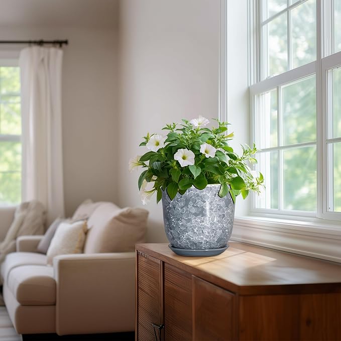 Ceramic Plant Pots - 8 Inch Plant Pot with Drainage Hole and Saucer, Round Planter for Indoor Outdoor, Modern Flower Pots, Decorative Planters, Home Room Office Decor, Gardening Gifts, Grey