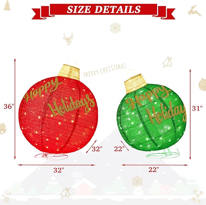 2Pcs 3FT Lighted Christmas Ornament Set - Expandable Outdoor, Indoor Holiday Decor with 200 LED Lights, Easy Assembly & Weatherproof, Red & Green Light-Up Ball for Yard, Garden, Storefront.