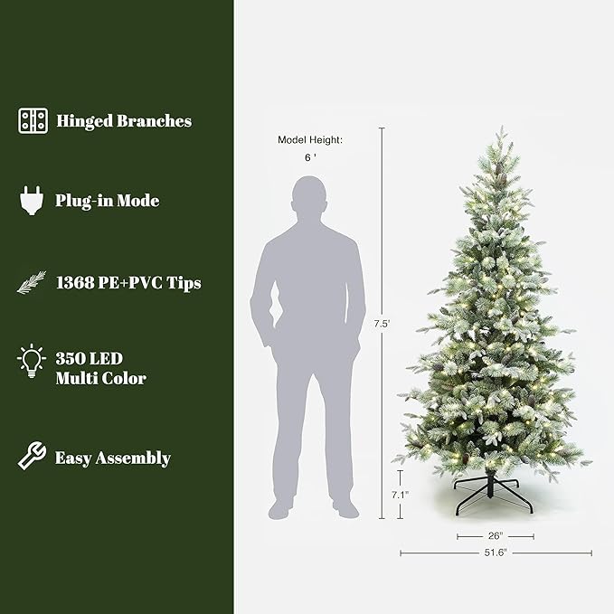 LuxenHome 7.5FT Prelit Christmas Tree with Lights, 10 Lighting Mode Flocked Artificial Christmas Tree with Pine Cone, 2350 LED Lights, 1368 PE+PVC Branch Tips, Prelit Pine Tree Holiday Décor