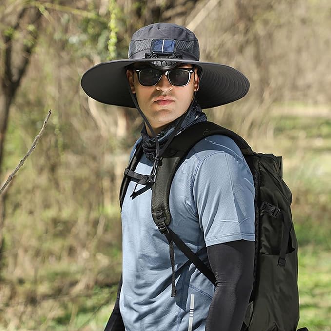 Solar Fan Hat, Wide Brim Sun Hat with 2 Solar Fan Large, USB UPF 50+ Fishing Cap with Fans Built in for Men Women