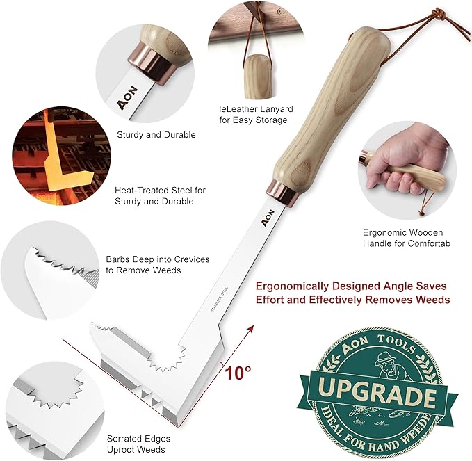 AON 2-Pack Hand Crack Weeder Puller Tool Set - Made with Heat Treated Steel and Ash Wood Ergonomic Handles, Weeding Tools Ideal for Gardens and Patio Lawns to Effectively Pull Out Weeds & Their Roots