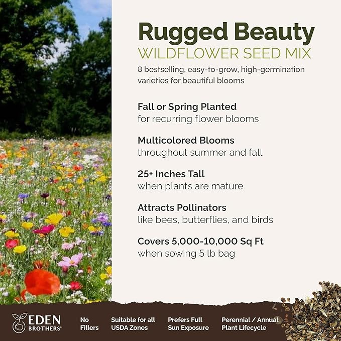 Eden Brothers Rugged Beauty Flower Mixed Seeds for Planting, 5 lb, 2,400,000+ Seeds with Cornflower Tall Blue, Candytuft | Attracts Pollinators, Plant in Spring or Fall, Zones 3, 4, 5, 6, 7, 8, 9, 10