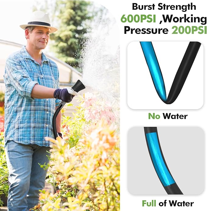 SPECILITE 5/8" Garden Hose 50 ft with High Flow Nozzle, Heavy Duty Flexible Hybrid Rubber Water Hose for Outdoor, Lightweight, Leak-Proof, No-Kink, 3/4"Stainless Steel Fittings,Black