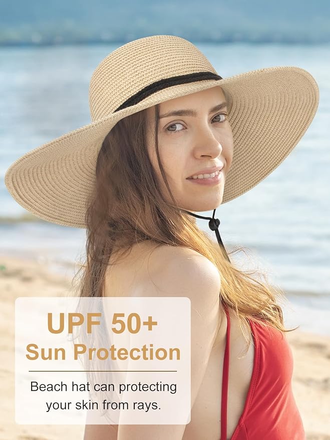 Senker Fashion Sun Hats for Women, Wind Lanyard Wide Brim Straw Hat for Summer Beach Garden Vacation Foldable UPF 50+