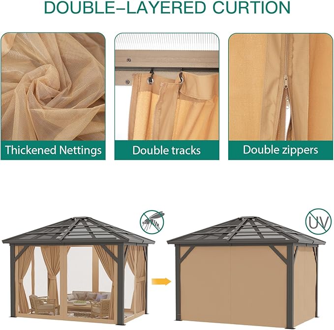 10X12 FT Outdoor Polycarbonate Hardtop Gazebo, Outdoor Gazebo with Mesh Nettings and Sunshade Curtains, Aluminium Frame Gazebo for Terrace, Courtyards, Lawn and Deck