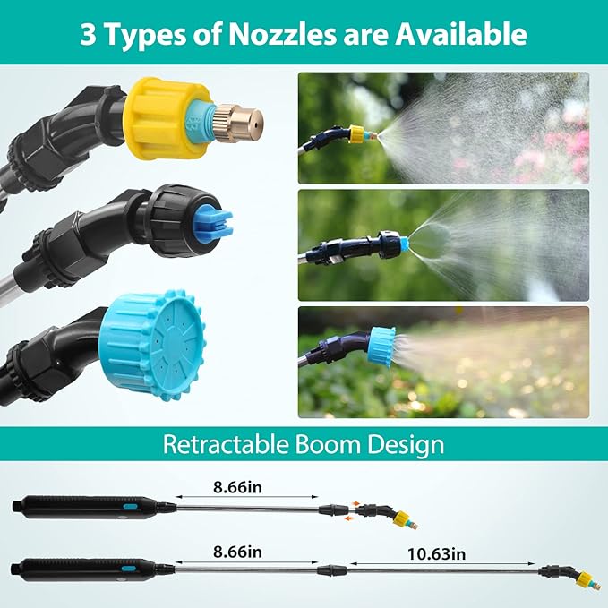 1.35 Gallon/5L Battery Powered Electric Sprayer with USB Rechargeable Handle, Portable Garden Sprayer with 23.6" Telescopic Wand, 3 Mist Nozzles and Adjustable Shoulder Strap