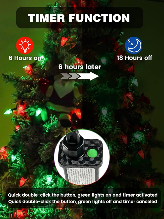 2 Pack C6 Christmas Lights Outdoor Indoor, Total 200 LED 66 FT Connectable Christmas String Lights with Timer & 13 Modes, Waterproof Twinkle Light for Xmas Tree Party Yards Decorations (Red and Green)
