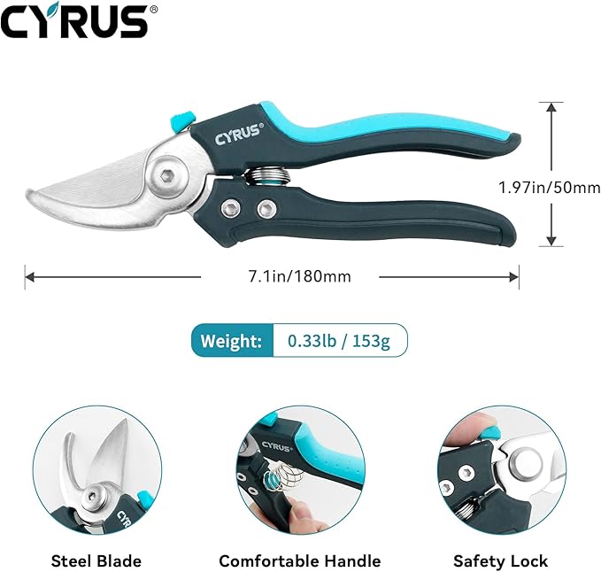 CYRUS Pruning Shears, 7" Pruning Shears with Bypass Blade for Cutting Branches and Twigs up to 24mm in Diameter, Tool for Pruning Garden Branches and Potted Plants (00288)
