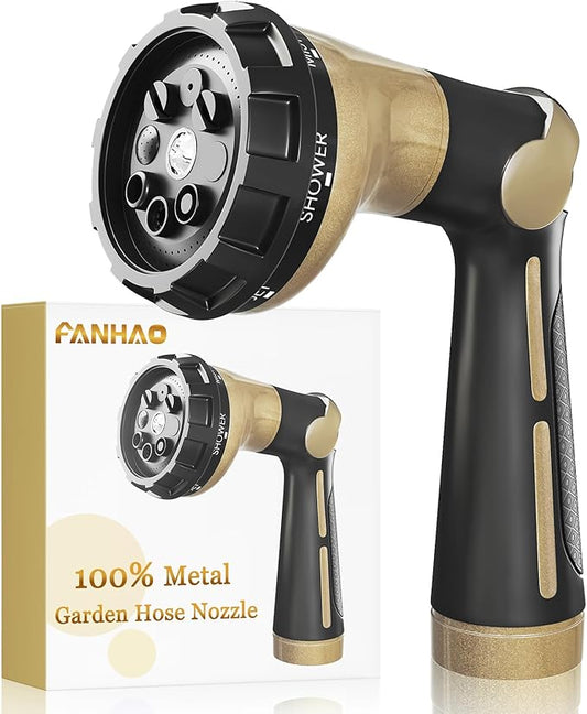 FANHAO Garden Hose Nozzle Heavy Duty, 100% Metal Water Hose Sprayer with 8 Spray Patterns, High Pressure Spray Nozzle Thumb Control On Off Valve for Lawn & Plant Watering, Car & Pet Washing - Khaki