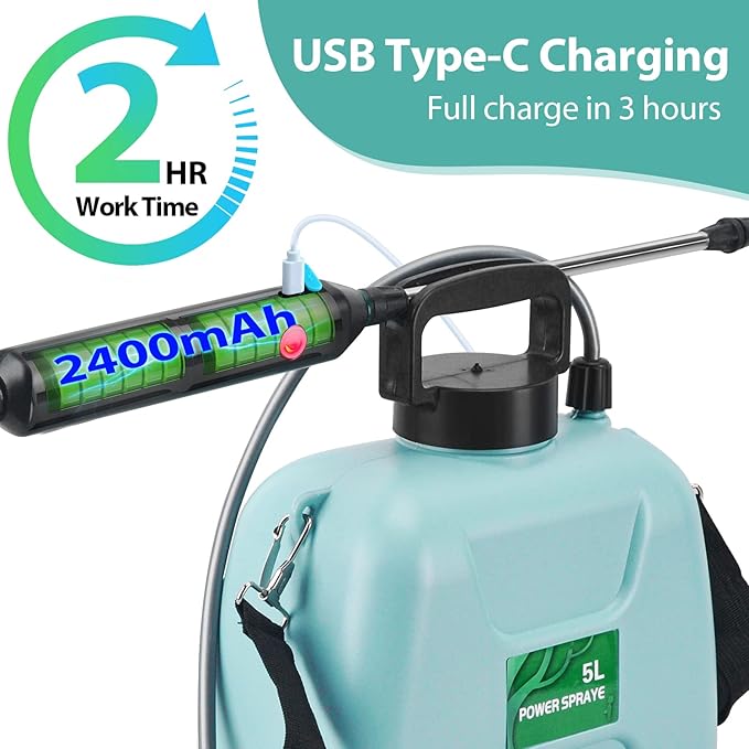 1.35 Gallon/5L Battery Powered Electric Sprayer with USB Rechargeable Handle, Portable Garden Sprayer with 23.6" Telescopic Wand, 3 Mist Nozzles and Adjustable Shoulder Strap
