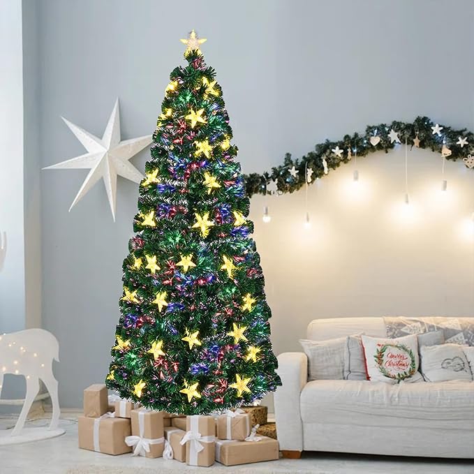 Juegoal 7ft Pre-Lit Artificial Christmas Tree, Lighted Optical Fiber Xmas Trees with Warm White Large Stars & Color Changing Optical Fiber Lights, Party Home Holiday Green Fake Tree with Metal Legs