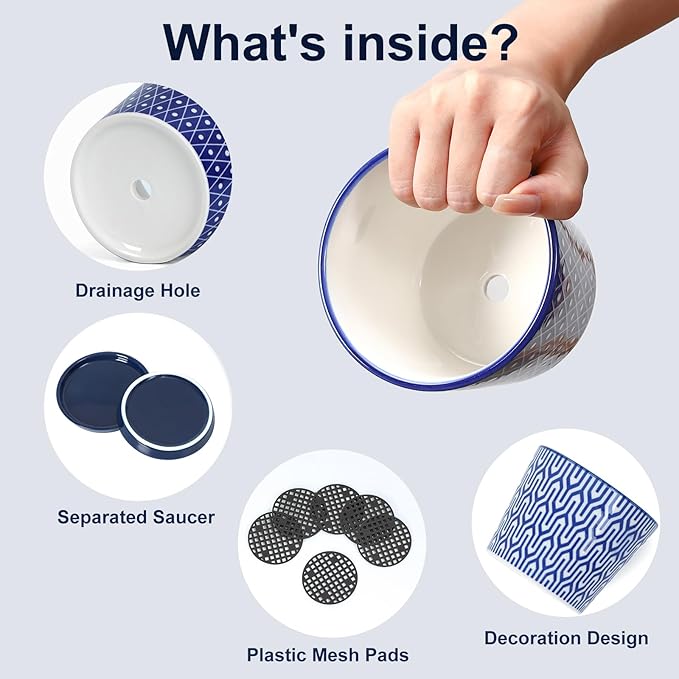 Selamica Ceramic Succulent Pots, 4.3 Inch Small Plant Pots with Drainage Holes and Saucers, Small Flower Pots for Succulent, Cactus, Home Decor, Set of 4, Vintage Blue