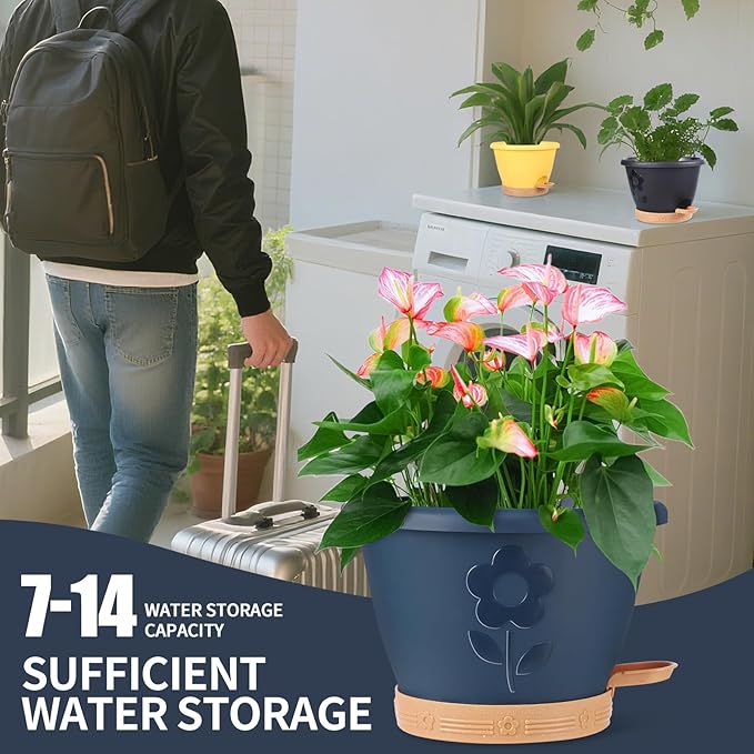 Plastic Plant Pots 10 Inch Set of 4, Self Watering Pots with Drainage Holes, Saucer & Reservoir, Flower Pots for Indoor/Outdoor Plants, Decorative Nursery Planting Pots (Multicolor)