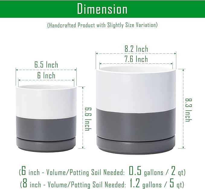 D'vine Dev 6.5 Inch & 8.2 Inch Ceramic Planter Pots for Plants with Drainage Hole and Saucer, Medium Plant Pots Set, White/Speckled Grey, 94-G-M-6