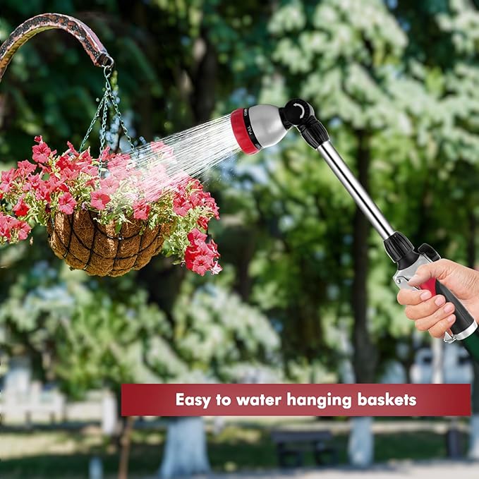 RESTMO Metal Watering Wand, Heavy Duty Garden Hose Wand with 180° Swivel Ratcheting Head, 16'' Hose Nozzle Sprayer with 7 Spray Patterns and Flow Control, for Water Hanging Baskets and Shrubs, Red