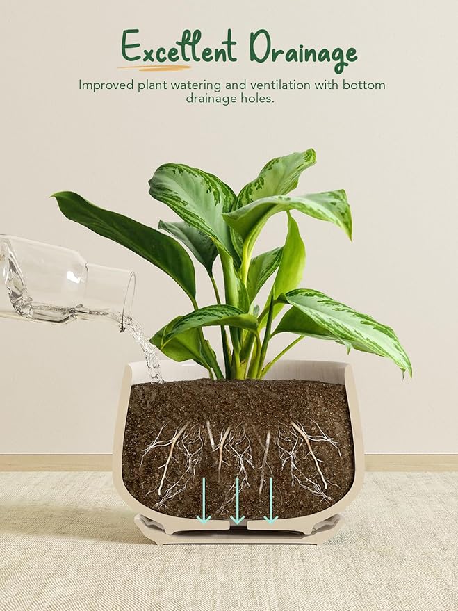 LE TAUCI Plant Pots, 4.1+5.1+6.5 inch, Set of 3, Ceramic Planters with Drainage Hole and Saucer, Indoor Flower Pot with Hole Mesh Pad, Gifts for Mom, Reactive Glaze Beige