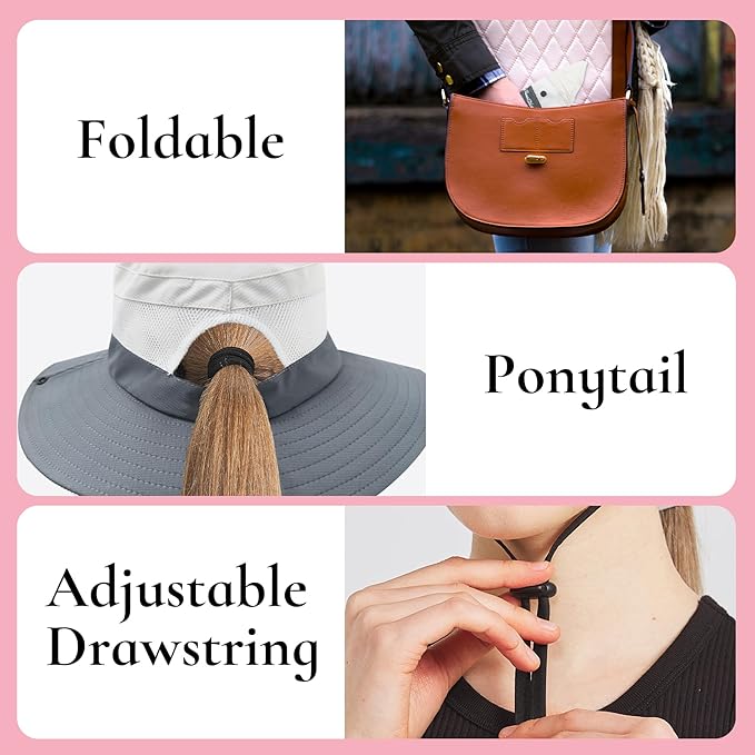 NPQQUAN Ponytail Sun Bucket Hats for Women Men Wide Brim UPF 50+ Fishing & Beach Hats