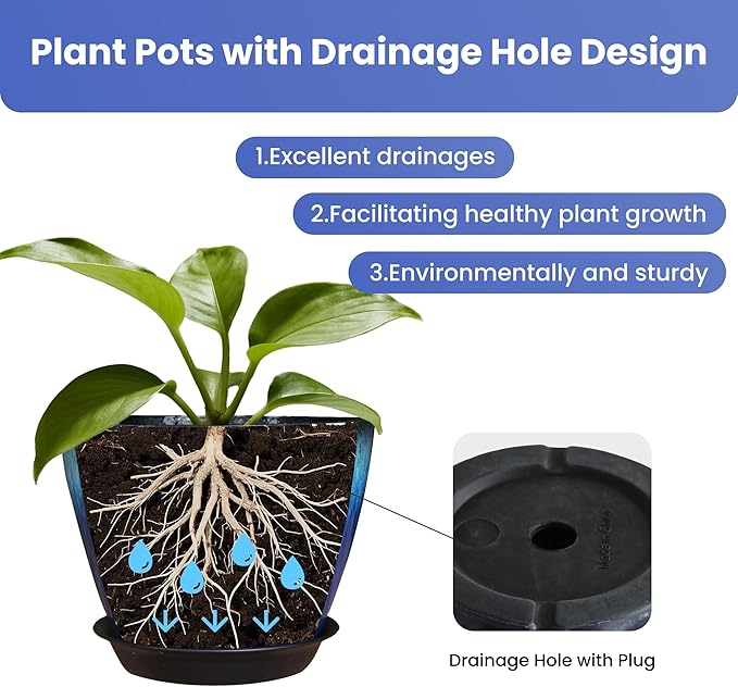 8 inch Plant Pots with Drainage Holes, Pack of 4 Plastic Flower Pots Indoor, Modern Glossy Finishing Planter for Indoor Outdoor Plants (Green Glaze, 4 Pack)