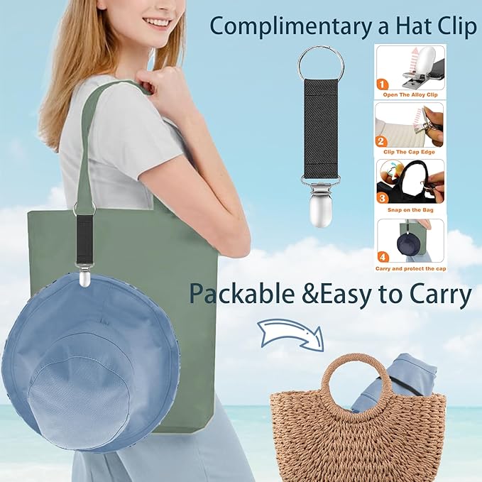 vidsel Womens Sun Hats Wide Brim Reversible Bucket Cotton Hat Packable Summer Travel Cap with Hat Clip,UV Protection