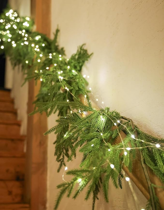 MISSPIN 6ft Christmas Garland with LED Lights, Real Touch Norfolk Pine Garland, Green Artificial Greenery Garland for Table, Mantle, String Light, Wall, Indoor, Outdoor Christmas Decorations