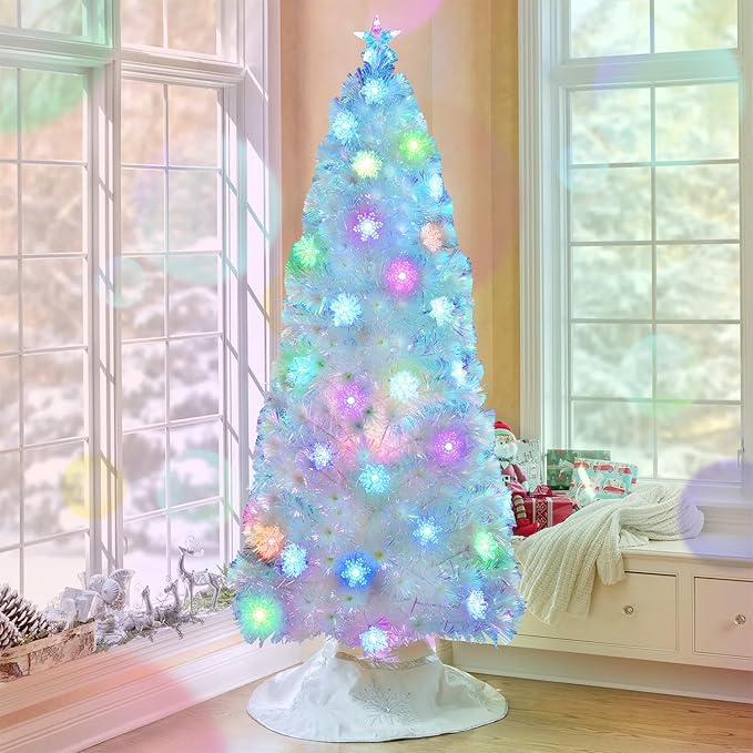 Juegoal 6ft Pre-Lit Artificial Christmas Tree, Lighted Optical Fiber Xmas Trees with Color Changing LED Lights, Snowflakes & Top Star, Party Home Holiday Fake Multicolored Tree with Metal Legs, White