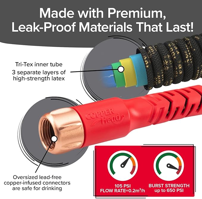 Pocket Hose Copper Head w/New Pocket Pivot Expandable Garden Hose 100FT, AS SEEN ON TV, Swivels 360°, Advanced Tri-Tex Tubing & Force Field Jacket, 3X Stronger, Lead-Free, No-Kink, Anti-Burst w/APT
