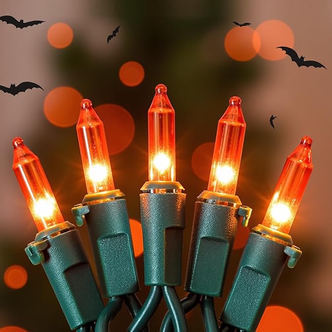 Orange Christmas Lights, 13FT 50 Count Incandescent Mini String Light with Green Wire, Waterproof Orange Christmas Tree Lights Plug in for Halloween Outdoor Indoor Patio Home Party Xmas Decor