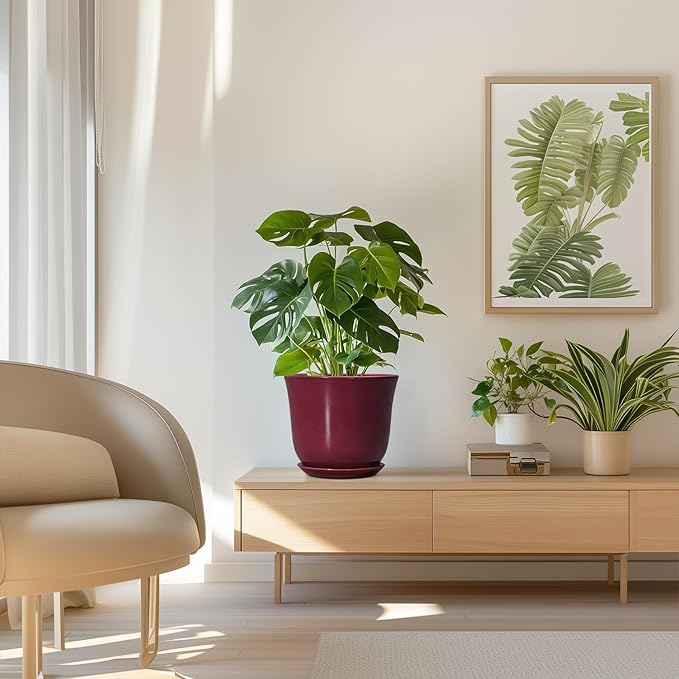 Ceramic Planter - 8 Inch Plant Pot with Drainage Hole and Saucer, Round Planter for Indoor Outdoor, Modern Flower Pots, Porch Garden Home Decor, Gifts for Plant Lovers, Red