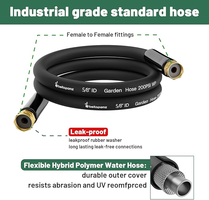 Short Garden Hose 3 ft x 5/8" Female to Female, Heavy Duty Small Water Hose Extend Connector, Leak-Free Connections Hybrid Rubber Leader Hose with 3/4" Double GHT Fittings, Black