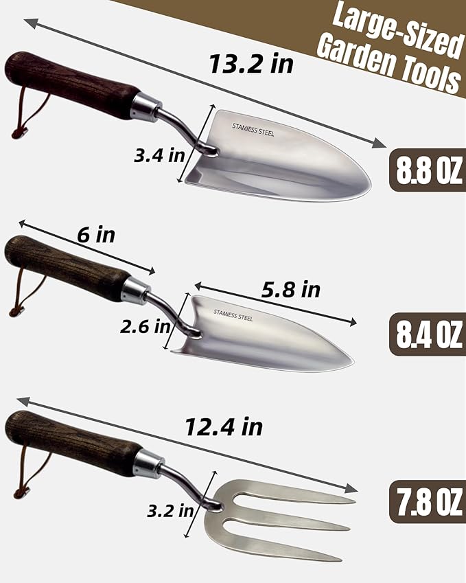 Garden Tool Set, 6PCS Heavy Duty Stainless Steel Gardening Hand Tools with Ropes, Including Trowel, Transplanter, 2-in-1 Hoe, Hand Fork, Hand Rake and Pruner, Ideal Gardening Gift for Man and Woman