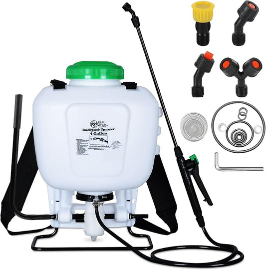 REALWORK 4-Gallon Backpack Sprayer with Padded Shoulder Strap for Pests & Weeds, Watering Garden, and Spraying Plants, in Translucent White