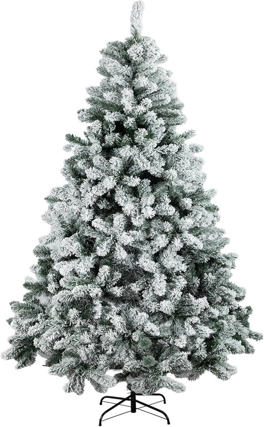 Beyond 7FT Snow Flocked Artificial Full Christmas Tree, Hinged Spruce Christmas Tree with 1300 Branch Tips, Xmas Tree with Metal Stand for Home, Party Decoration, White