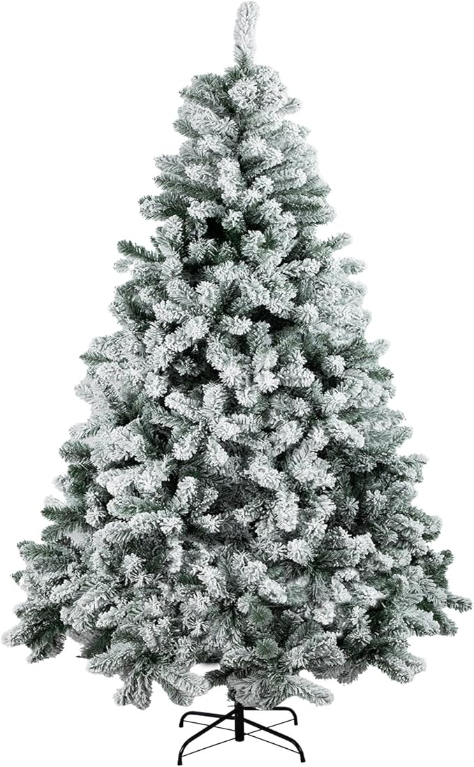 Beyond 6FT Snow Flocked Artificial Full Christmas Tree, Hinged Spruce Christmas Tree with 1100 Branch Tips, Xmas Tree with Metal Stand for Home, Party Decoration, White