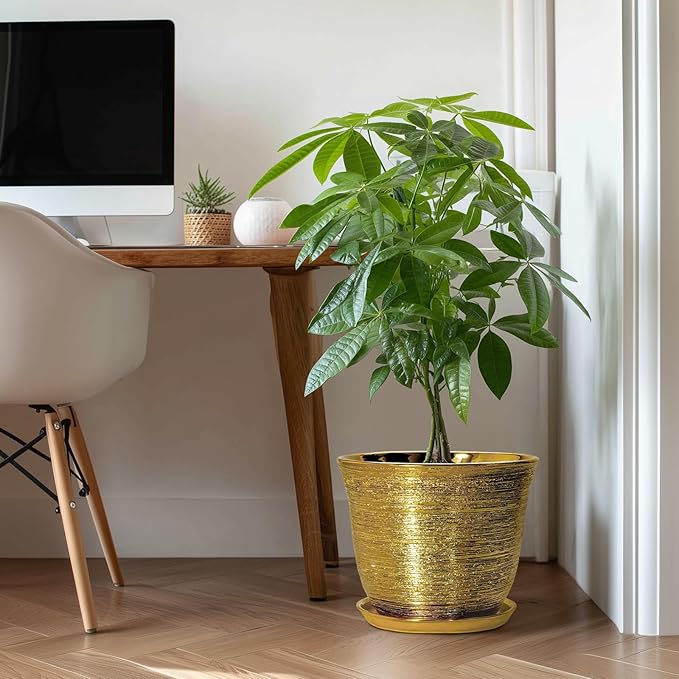 Ceramic Pots for Plants - 12 Inch Planter for Indoor Outdoor, Round Plant Pot with Drainage Hole and Saucer, Decorative Large Planter, Modern Flower Pots, House Decor, Garden Gifts, Gold