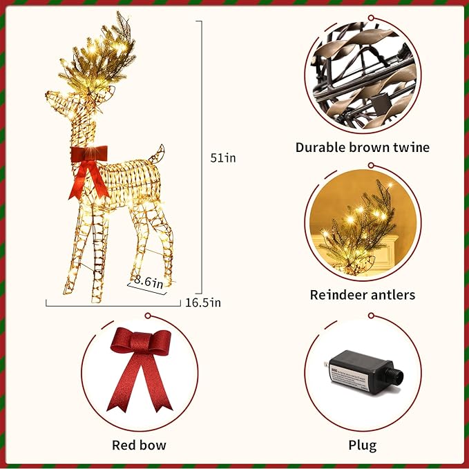 LightsUp Christmas Reindeer Outdoor, 51" H Lighted Reindeer Outdoor Christmas Decor 70 Warm White LED, 3D Rattan Deer Standing Twinkle Deer for Home Yard Patio Garden Outside Decorations
