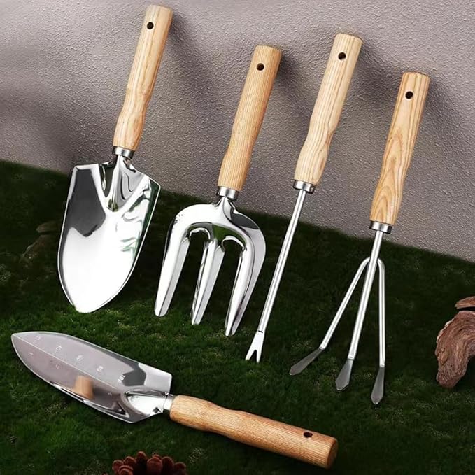 5-Piece Garden Tool Set, Heavy-Duty Rust-Resistant Stainless Steel with Ergonomic Non-Slip Wooden Handles – Durable Gardening Tools Gift, Includes Trowel, Transplanter, Hand Fork, Cultivator & Weeder