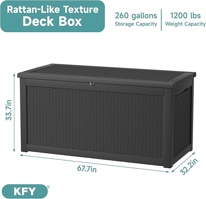 260 Gallon Waterproof Outdoor Storage Box, UV Resistant Resin Deck Box with Hydraulic Rod for Reinforced Stability, Perfect for Patio, Garden, and Pool, Striped Black