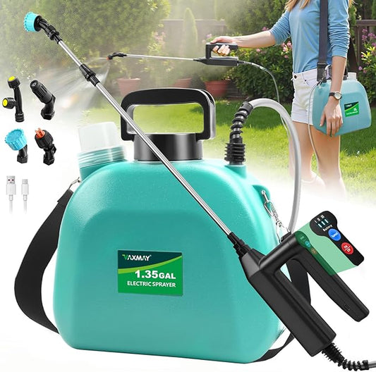VAXMAY Battery Powered 1.35 Gallon Electric Sprayer, 3 Speeds, 4 Nozzles, Rechargeable, Green, Garden & Lawn