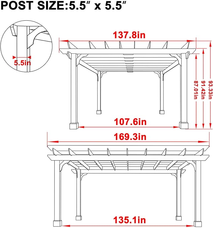 BlueWish 12’ x 14’ Cedar Wood Patio Pergola with Slatted Trellis Roof, Outdoor Pergola Backyard Gazebo with Solid Structure for Deck Yard Grill Party Garden