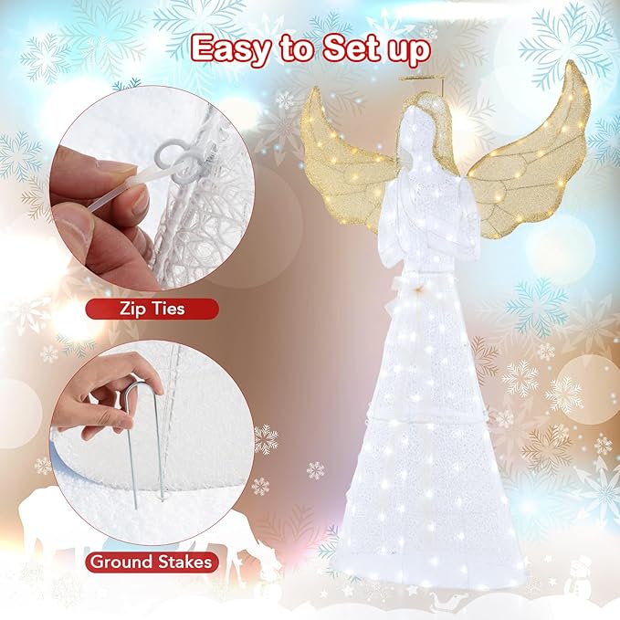 Tangkula 5 FT Lighted Christmas Angel, Light-up Winged Xmas Angel with 150 LED Lights, Zip Ties & Ground Stakes, Pre-Lit 3D Glittered Angel Decoration for Yard, Garden, Lawn & Indoor Display