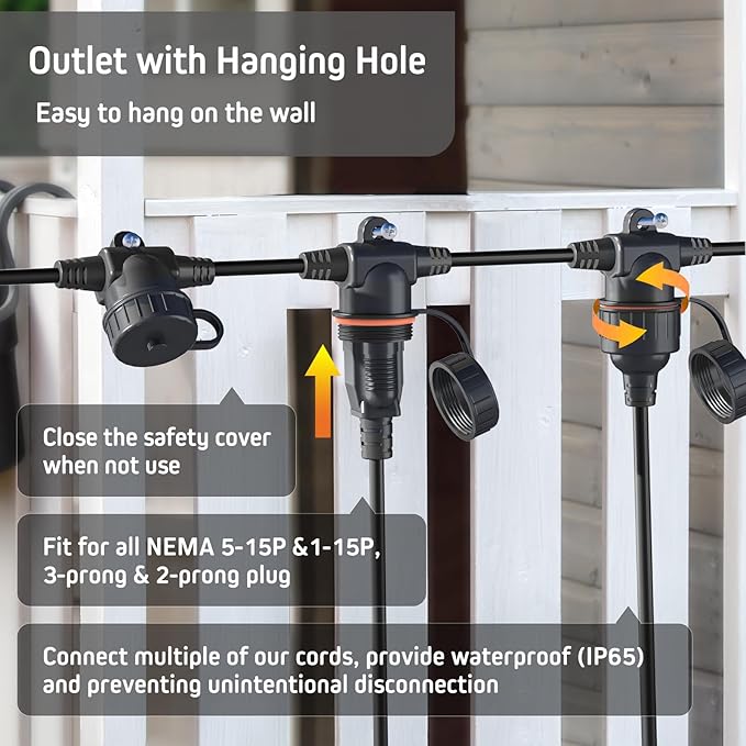 50FT Black Outdoor Extension Cord, Evenly Spaced 6 Outlets Plugs with Waterproof Cover, 16/3 SJTW Weatherproof Multiple Outlets Wire for Holiday Light and Halloween Christmas Decoration, ETL Listed