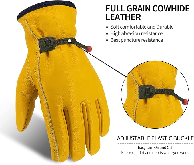 Leather Work Gloves, Reinforced Durable Gardening Gloves,Cowhide Work Gloves,Puncture & Cut Resistant