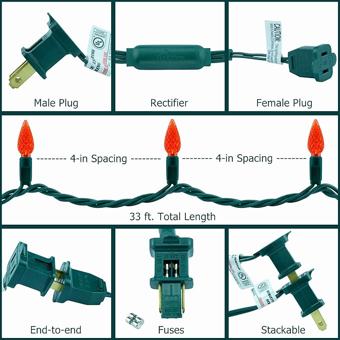 YULETIME Red C6 Strawberry LED Christmas Lights, 33 ft 100 Count 4" Spacing One-Piece High Waterproof UL Certified String Light (Red)
