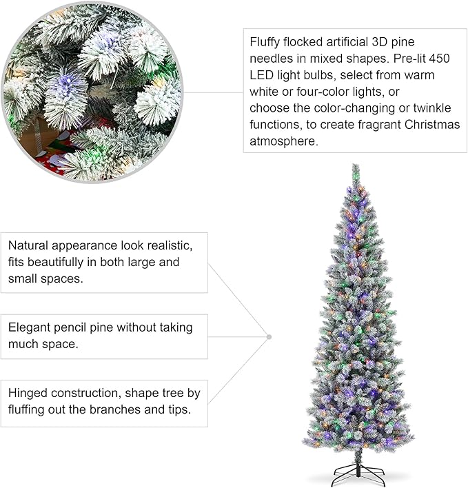 Glitzhome 9ft Pre-Lit Flocked Artificial Christmas Tree, Portland Snowy Pine Pencil Christmas Tree with 450 LED Lights, 9 Functional Warm White/Multi-Color, Remote Controller